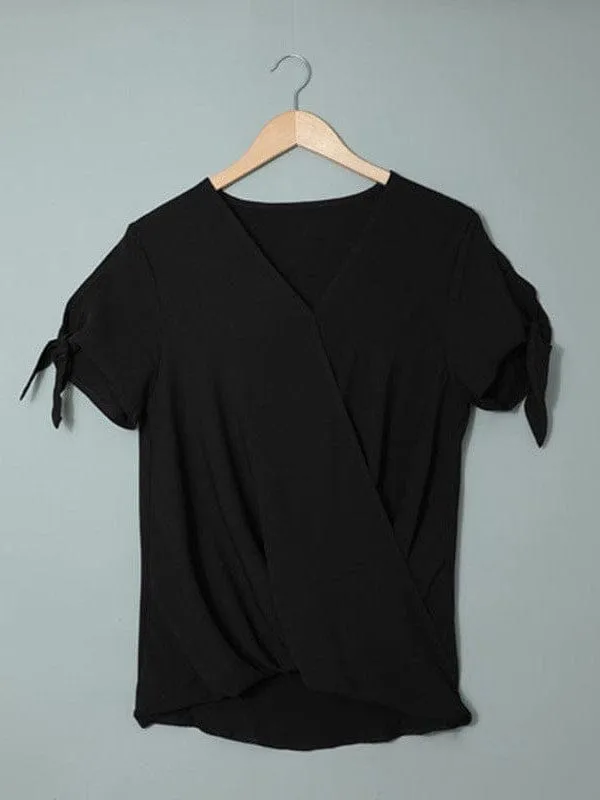 Casual Loose Draped Solid Wrap Top