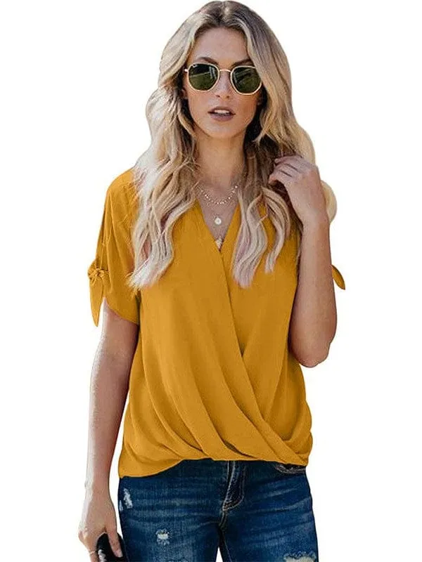 Casual Loose Draped Solid Wrap Top