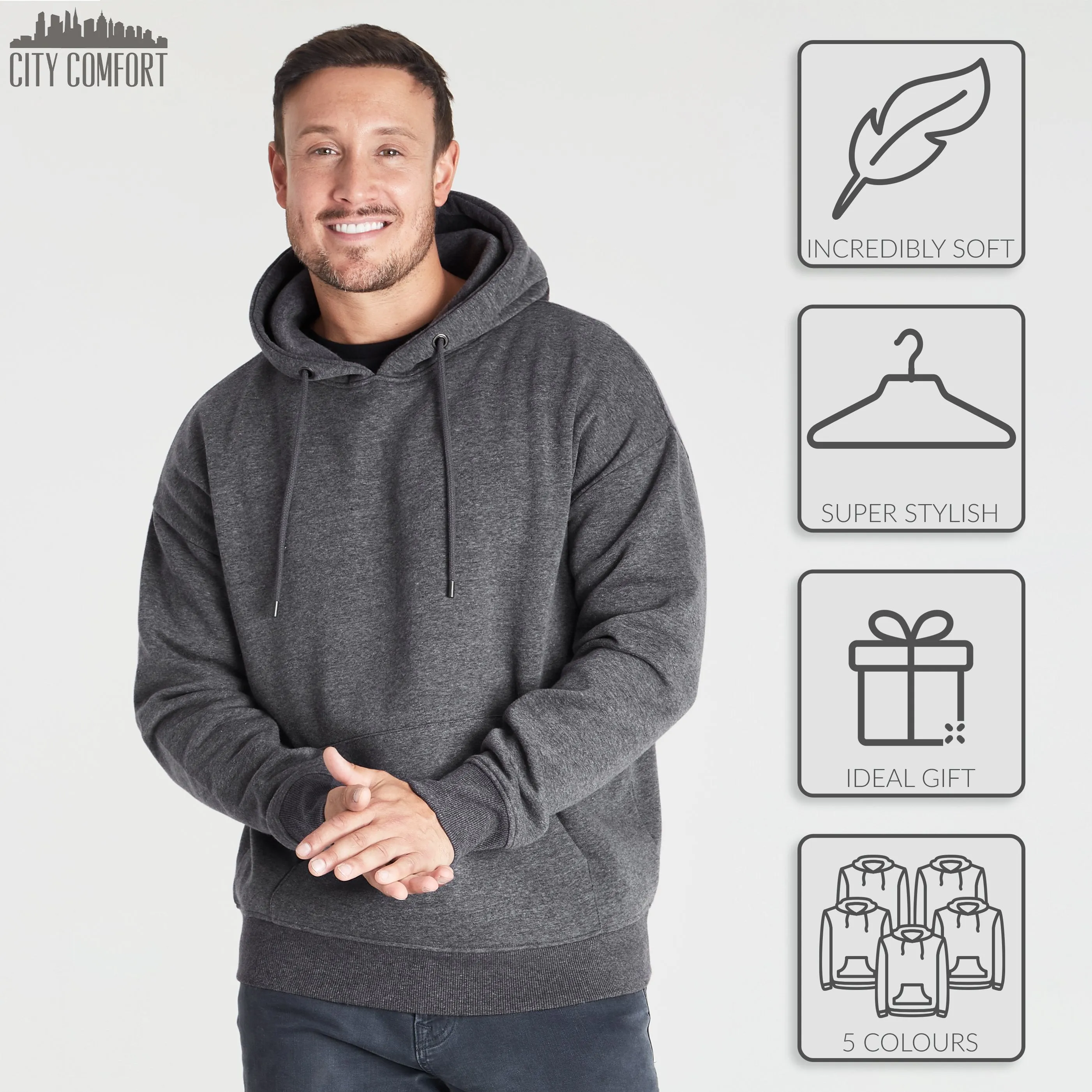 CityComfort Mens Hoodie, CHARCOAL Plain Pullover Hooded Sweatshirts