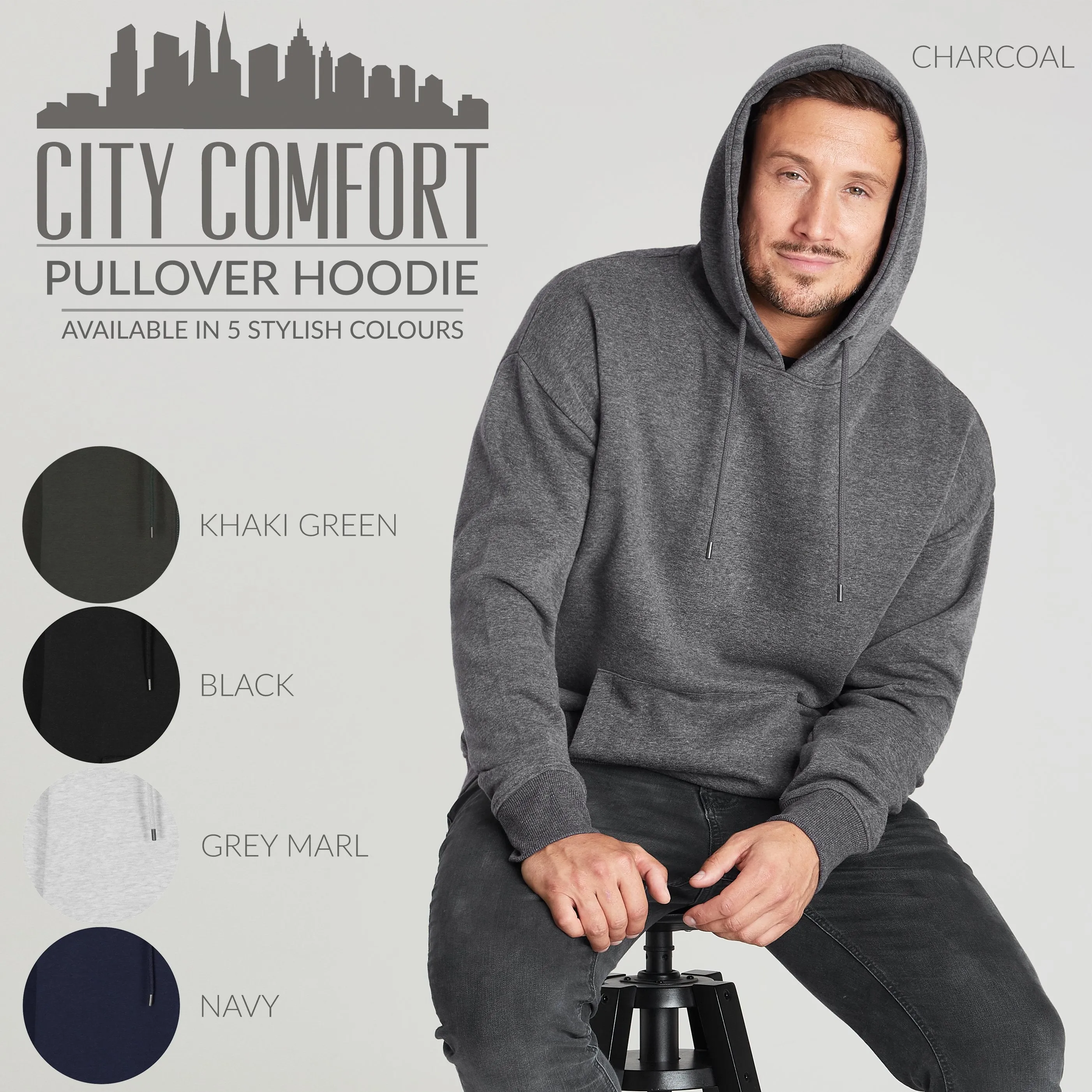 CityComfort Mens Hoodie, CHARCOAL Plain Pullover Hooded Sweatshirts