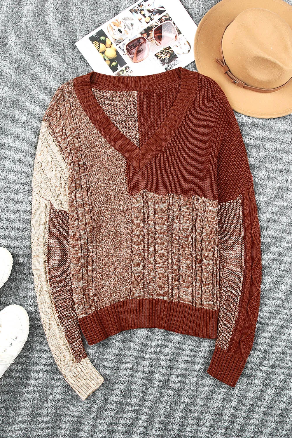 Color Block Knitted Drop Shoulder V Neck Sweater