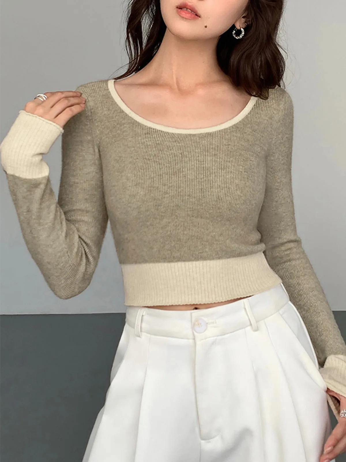 Contrast Hem Long Trendy Sleeve Crop Knit Top