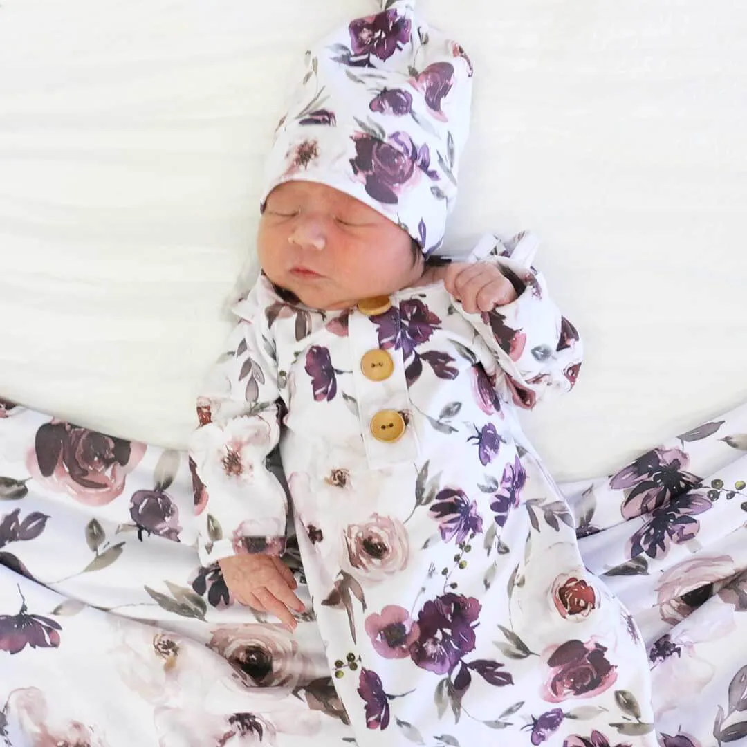 Demi's Dusty Purple Floral Newborn Baby Knot Gown & Hat Set