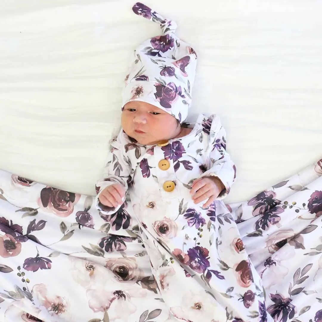 Demi's Dusty Purple Floral Newborn Baby Knot Gown & Hat Set