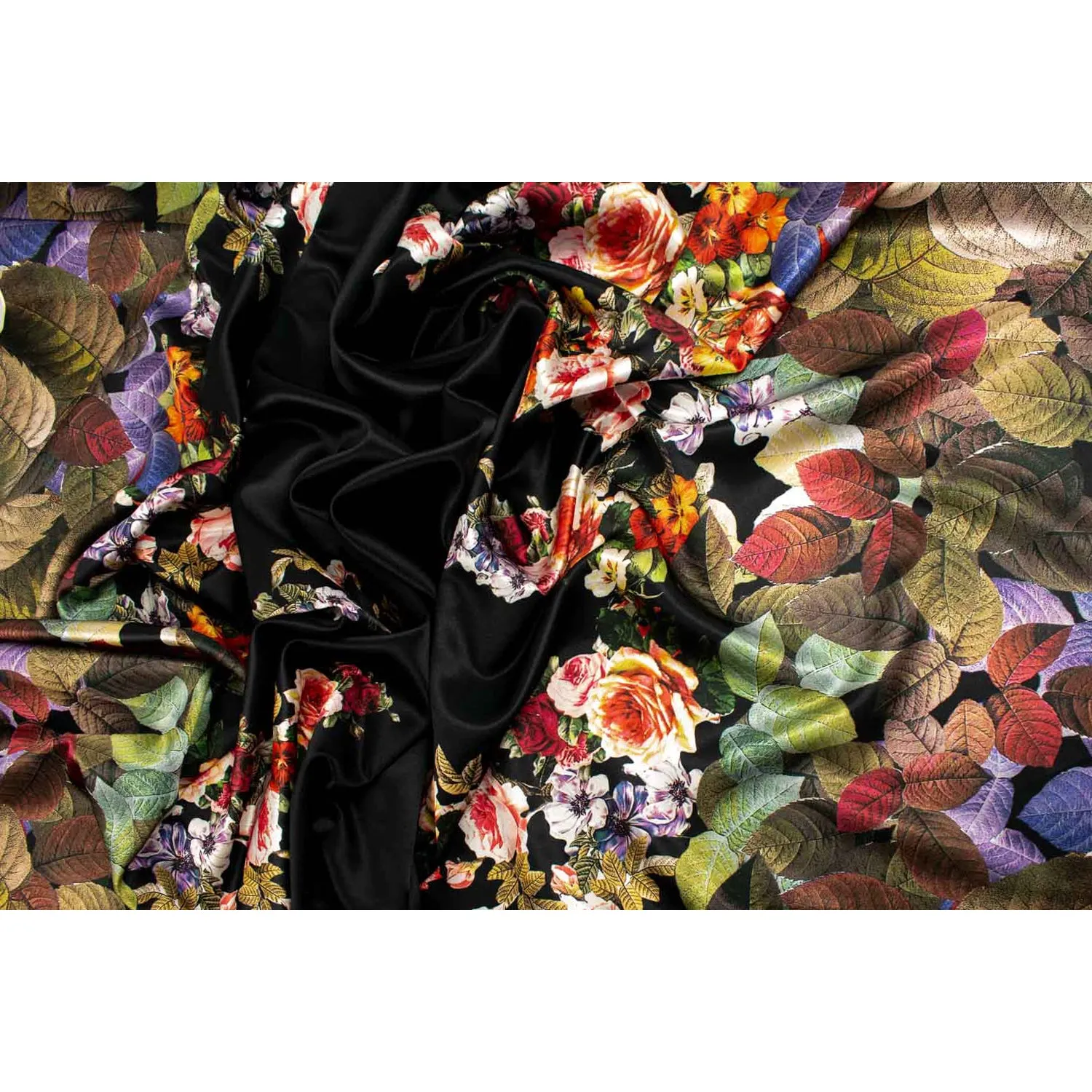 Digital Printed Satin Design-10 Border Printed Floral & Leaves on Black