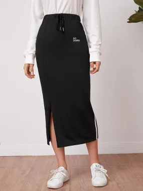 Drawstring Striped Side Split Hem Skirt