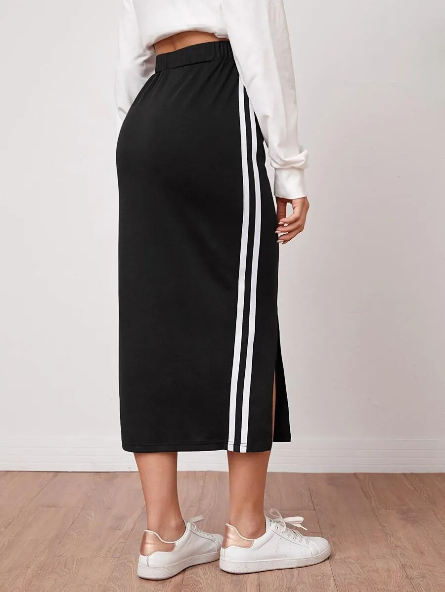 Drawstring Striped Side Split Hem Skirt