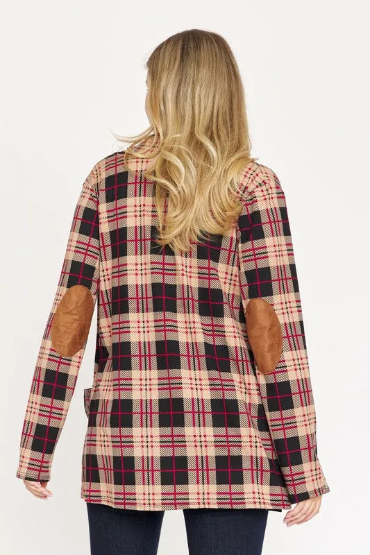 EG FASHION Plus-size Plaid Contrast Elbow Patch Cardigan