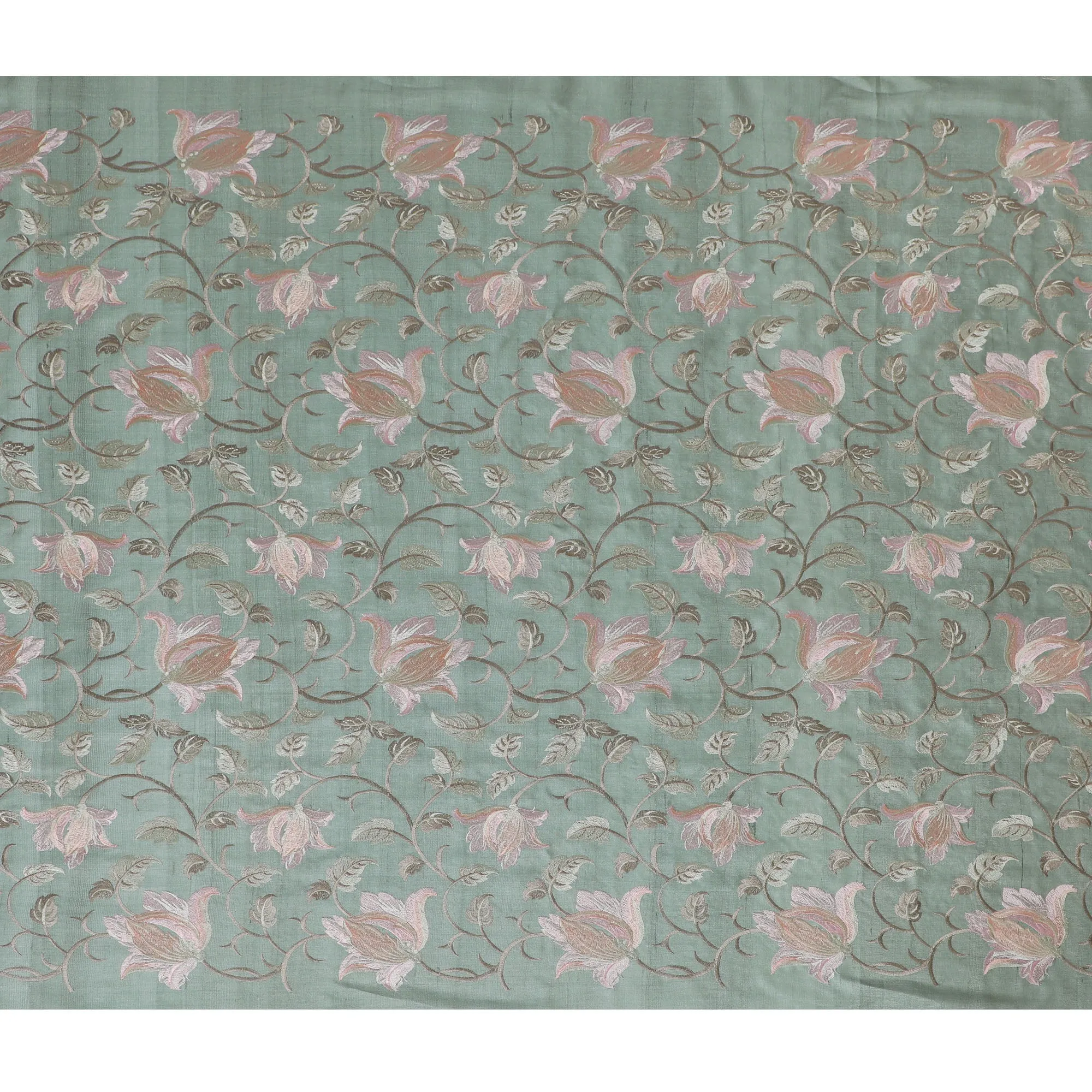 Elegant Sea Green Tussar Silk Fabric with Floral Embroidery - 110 cm Wide - D19610