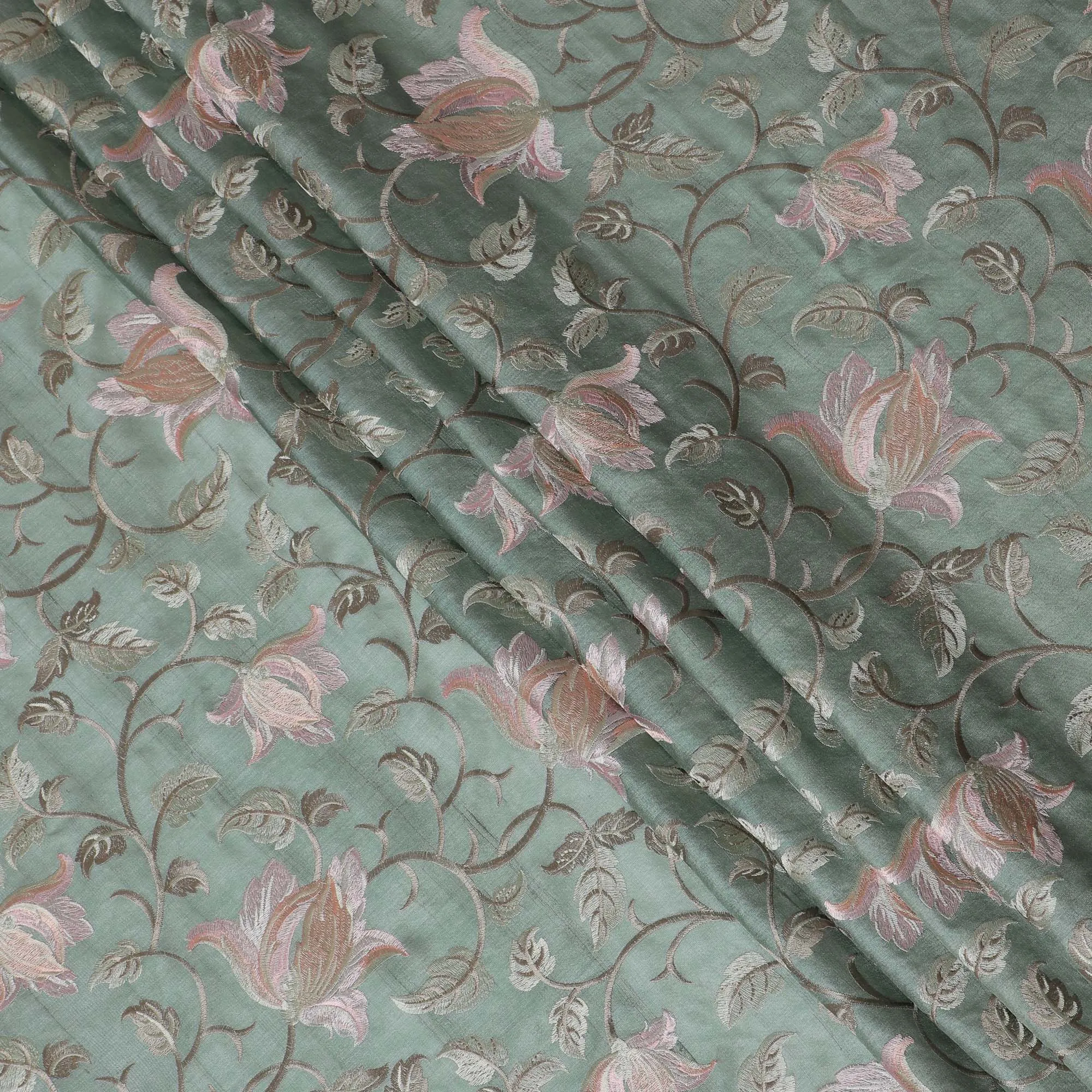 Elegant Sea Green Tussar Silk Fabric with Floral Embroidery - 110 cm Wide - D19610