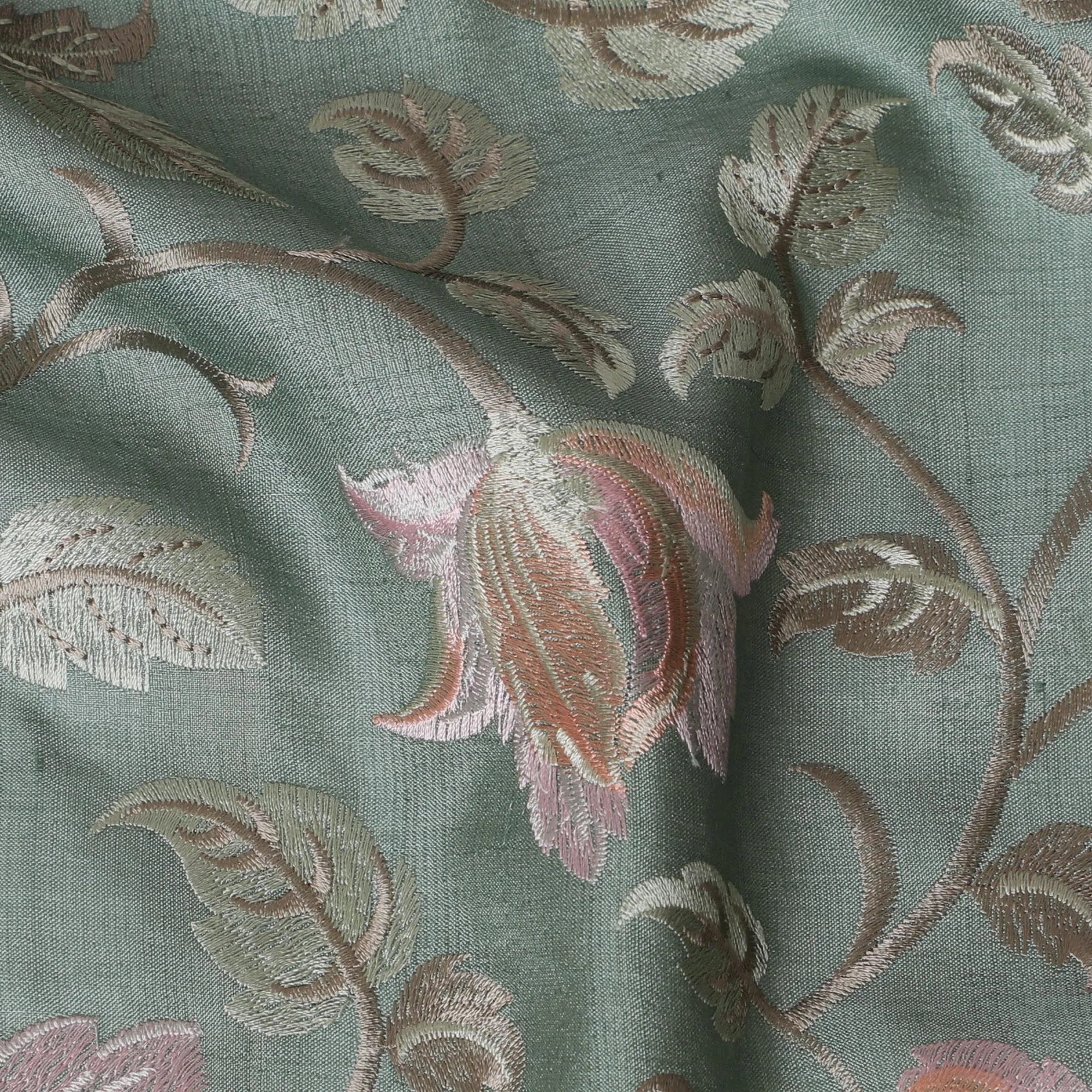 Elegant Sea Green Tussar Silk Fabric with Floral Embroidery - 110 cm Wide - D19610