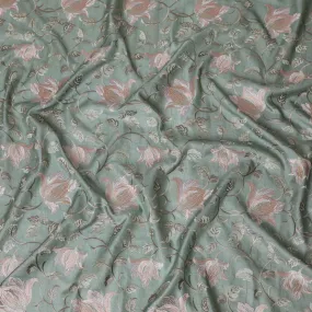 Elegant Sea Green Tussar Silk Fabric with Floral Embroidery - 110 cm Wide - D19610