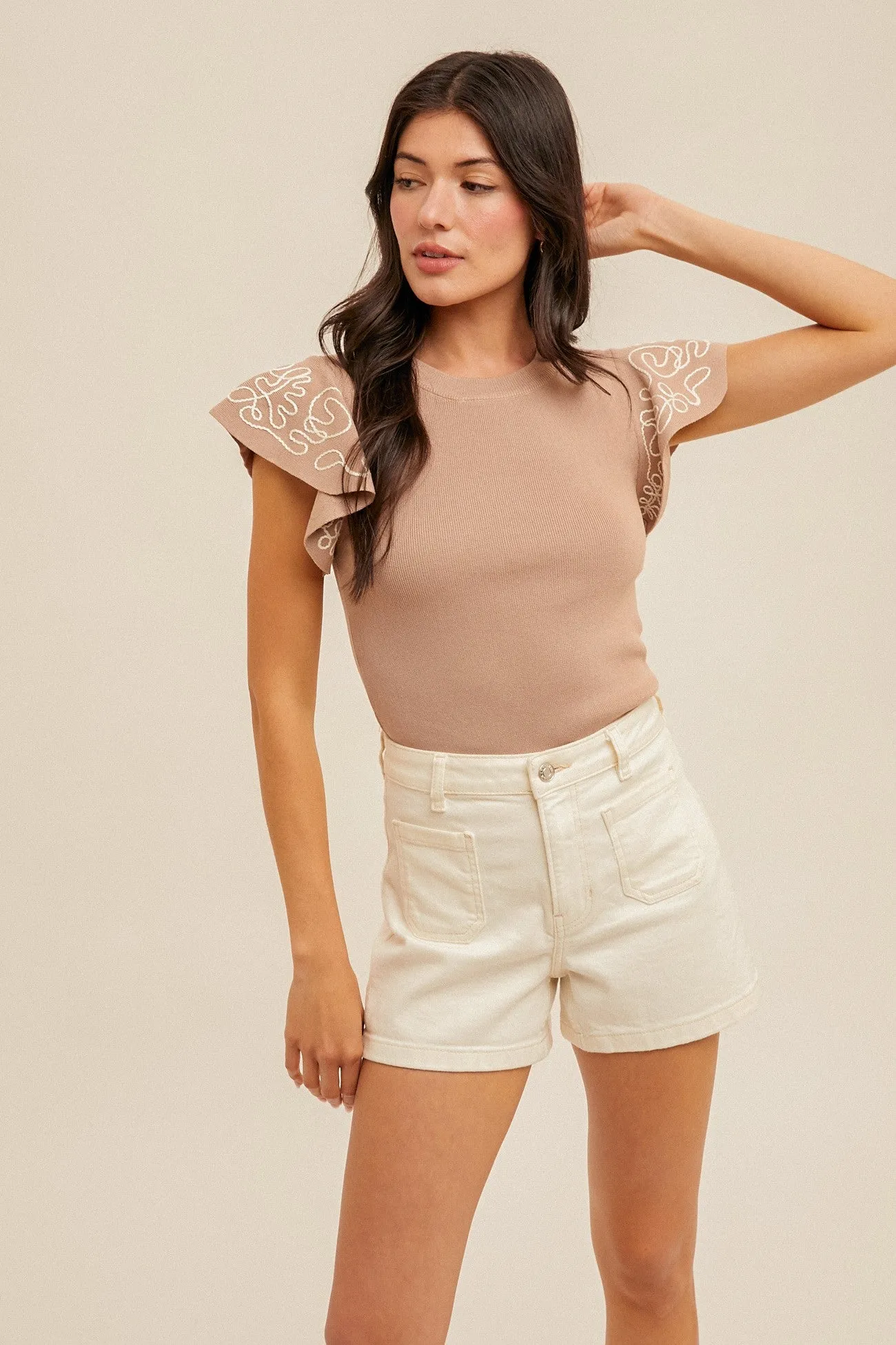 Embroidered Ruffle Sleeve Top