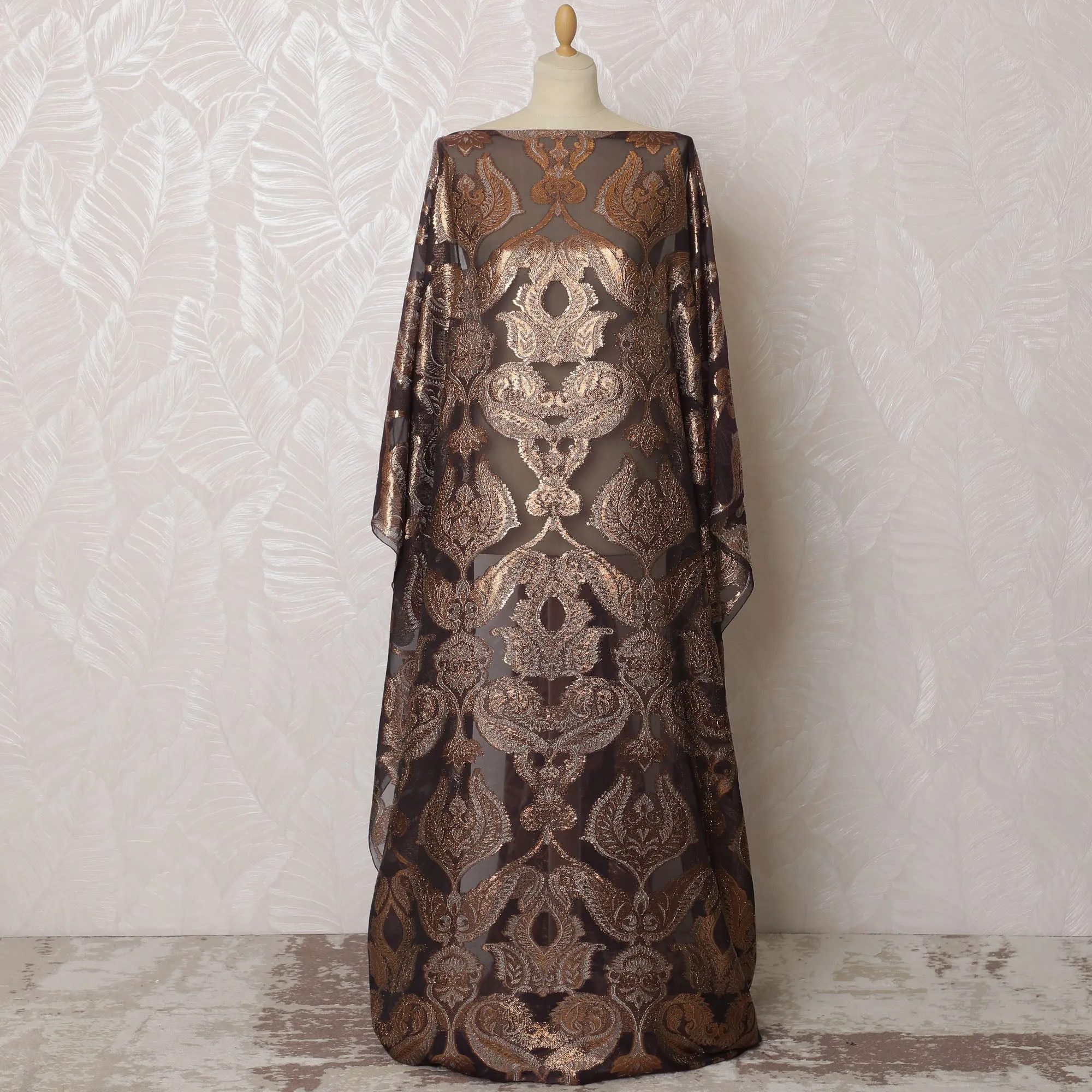 Espresso Brown French Silk Chiffon Fabric with Copper Embroidery, Traditional Somali Dirac - 140 cm Width, 3.5 Meters-D20140