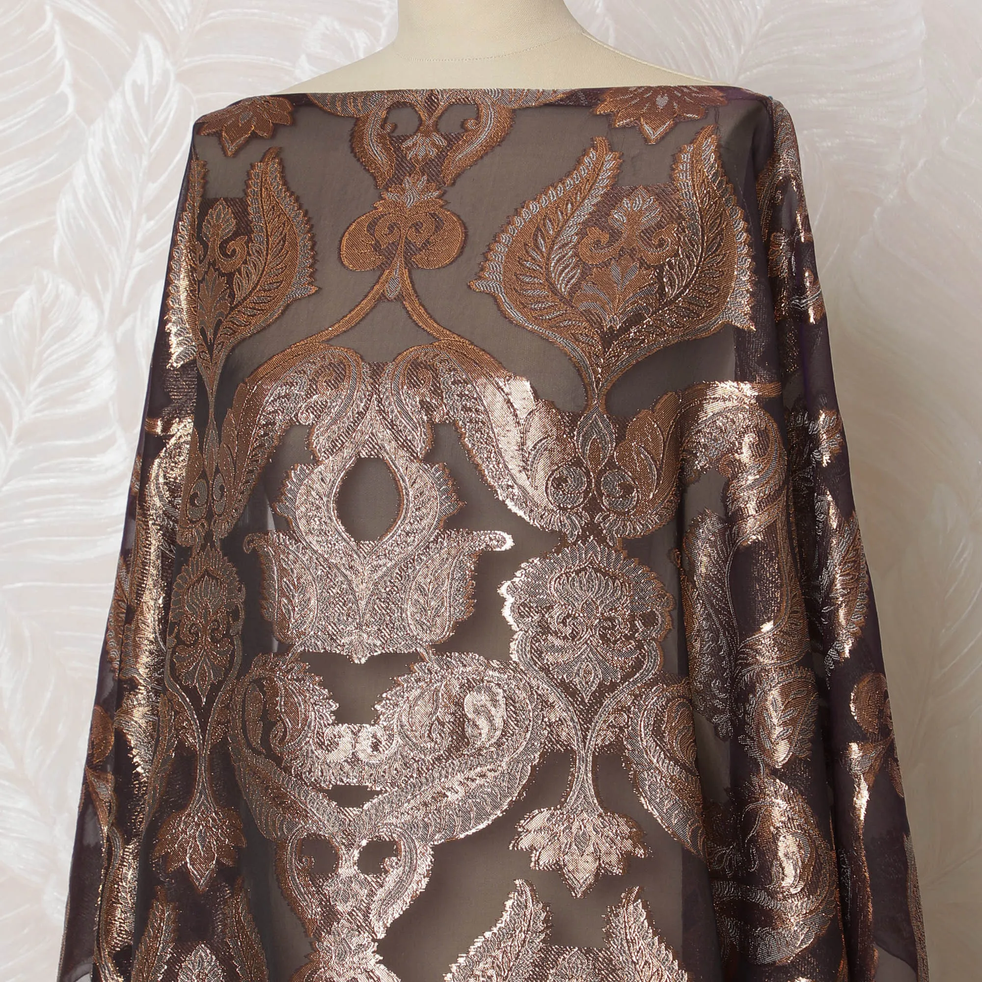 Espresso Brown French Silk Chiffon Fabric with Copper Embroidery, Traditional Somali Dirac - 140 cm Width, 3.5 Meters-D20140