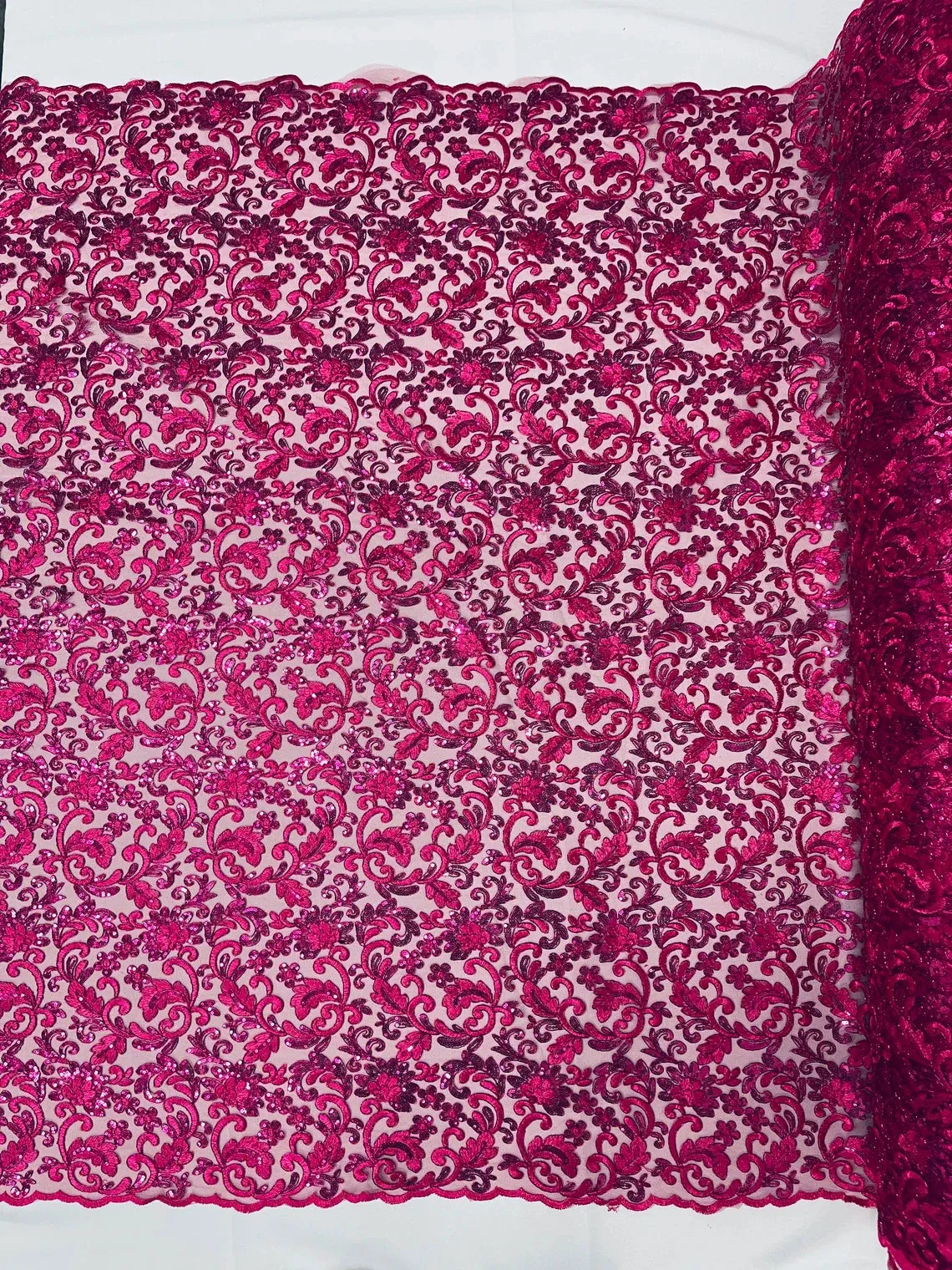 Flower Metallic Design - Corded Floral Metallic Design Sequins Fabric Sold By Yard