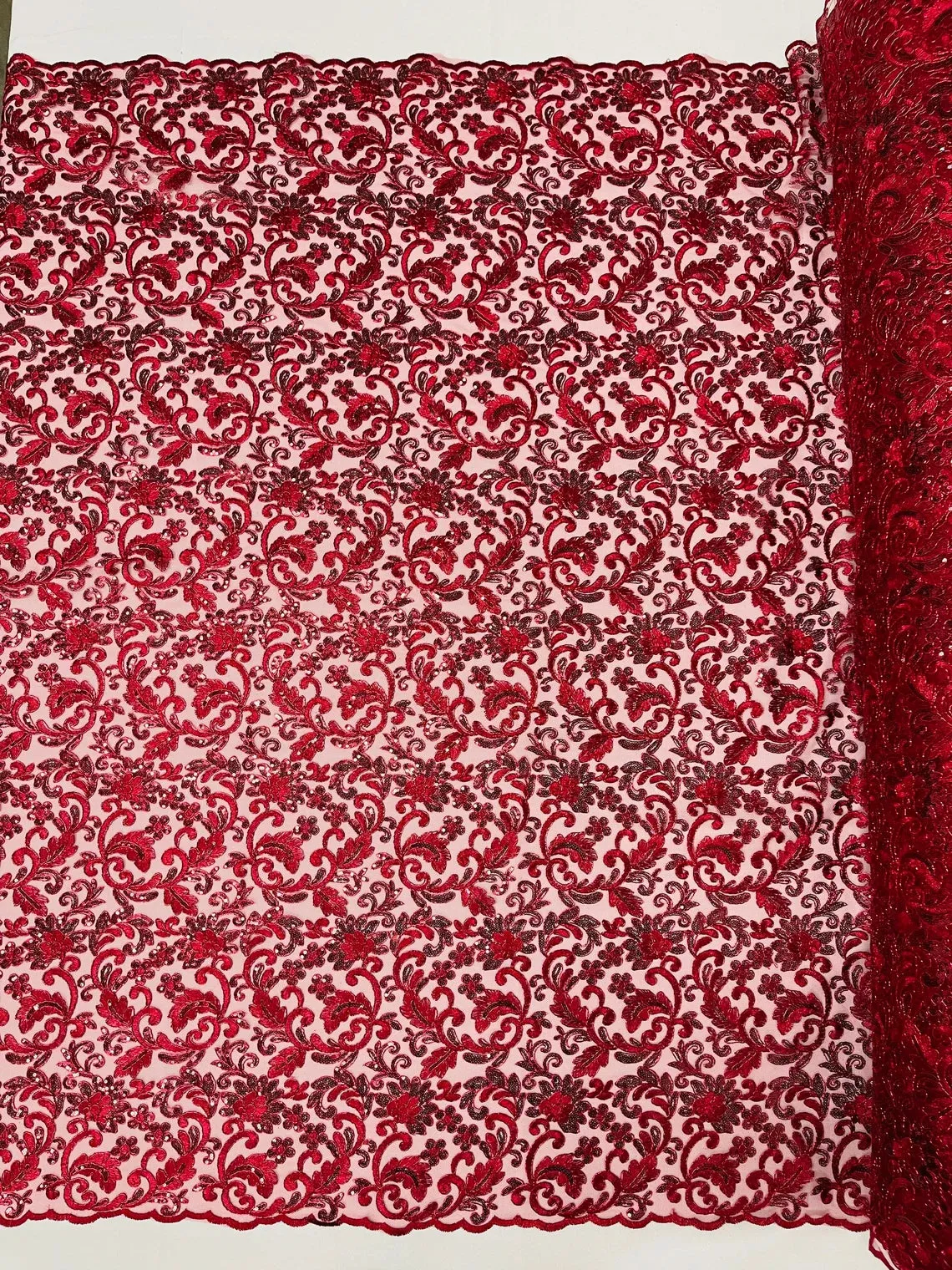 Flower Metallic Design - Corded Floral Metallic Design Sequins Fabric Sold By Yard