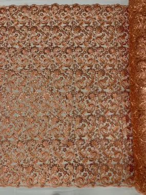 Flower Metallic Design - Corded Floral Metallic Design Sequins Fabric Sold By Yard