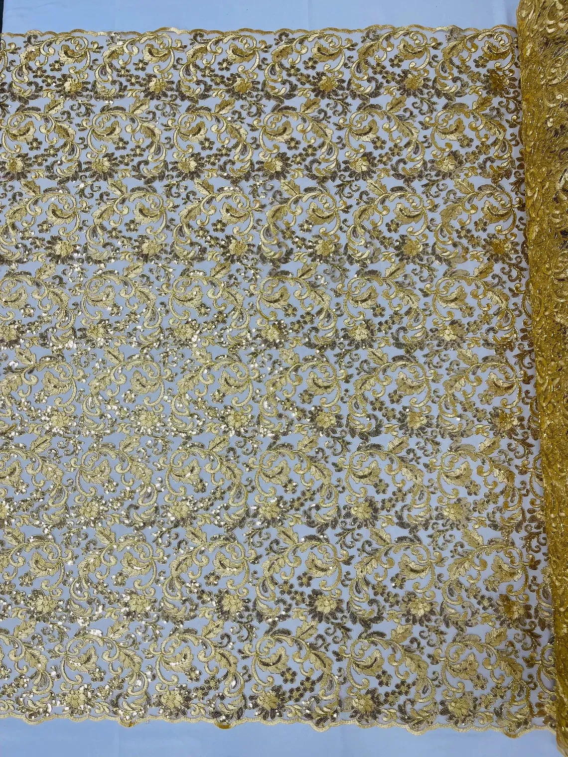 Flower Metallic Design - Corded Floral Metallic Design Sequins Fabric Sold By Yard