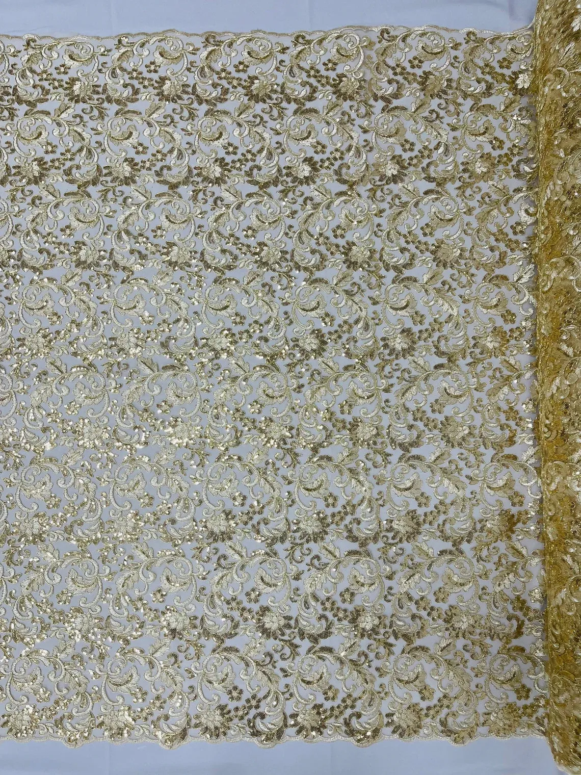 Flower Metallic Design - Corded Floral Metallic Design Sequins Fabric Sold By Yard