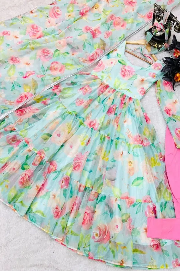 Flower Print Gown Dress For Girls