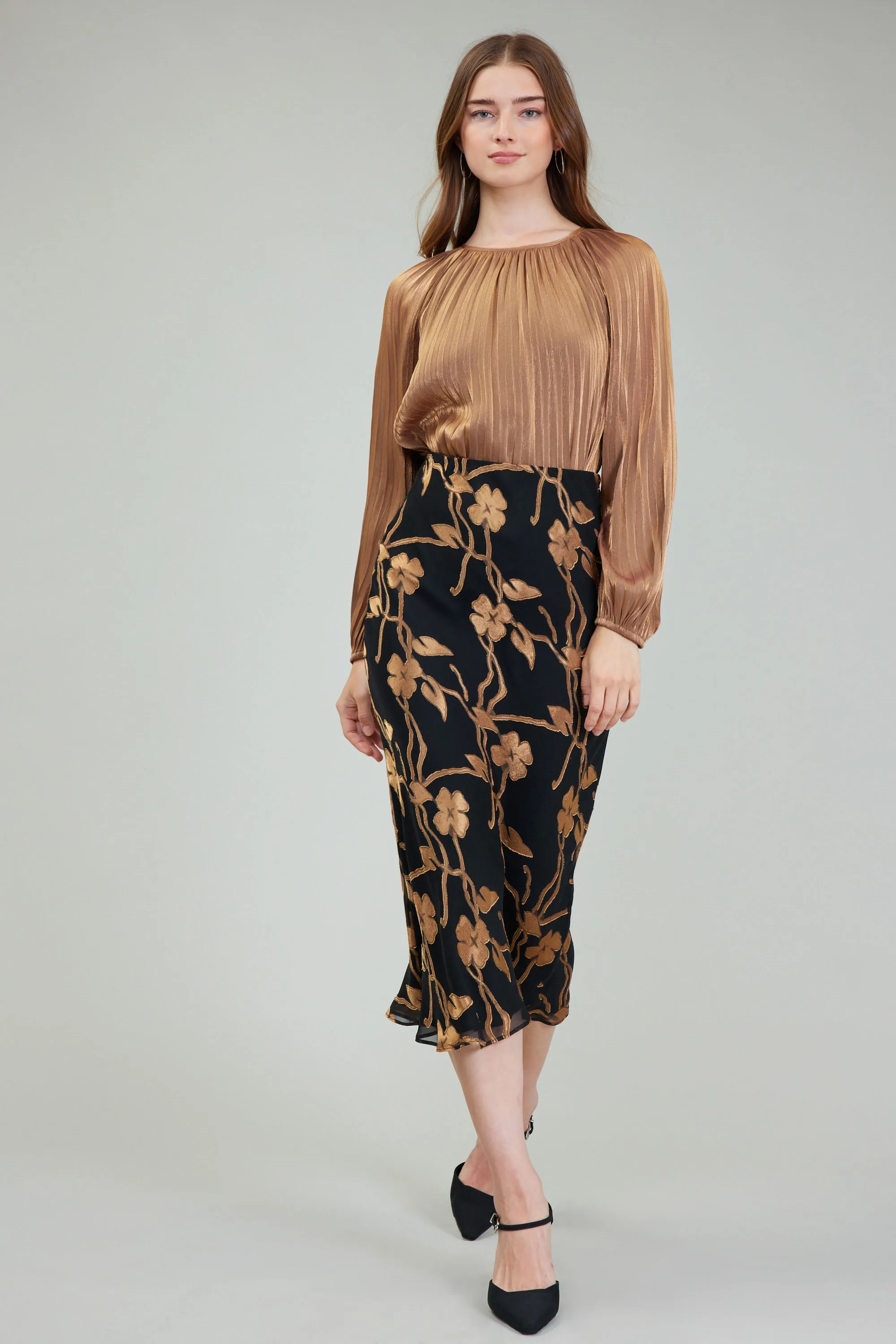 Gold Floral Midi Skirt