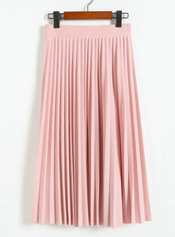 High Waist Pleated Solid Color Half Length Elastic Skirt