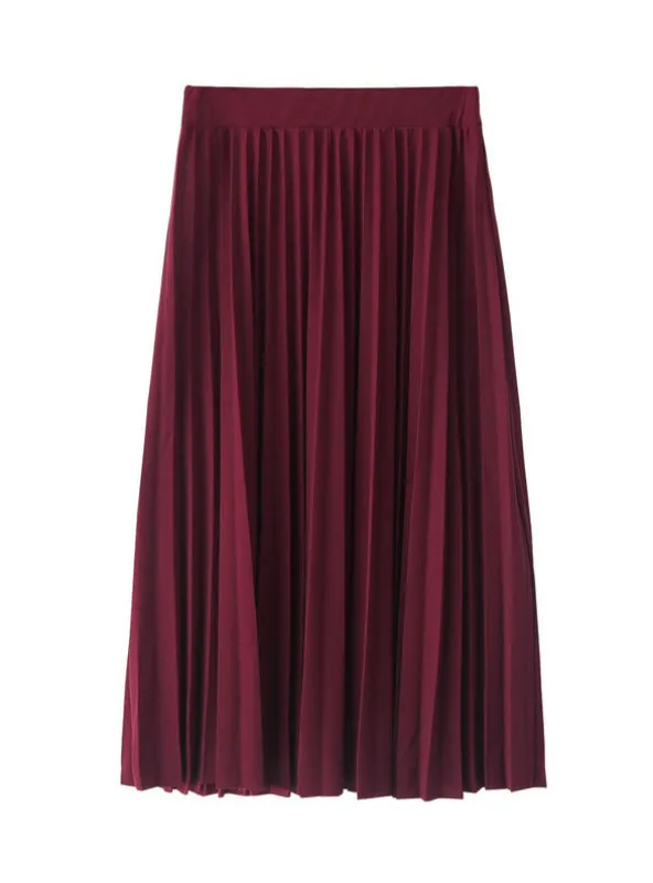 High Waist Pleated Solid Color Half Length Elastic Skirt