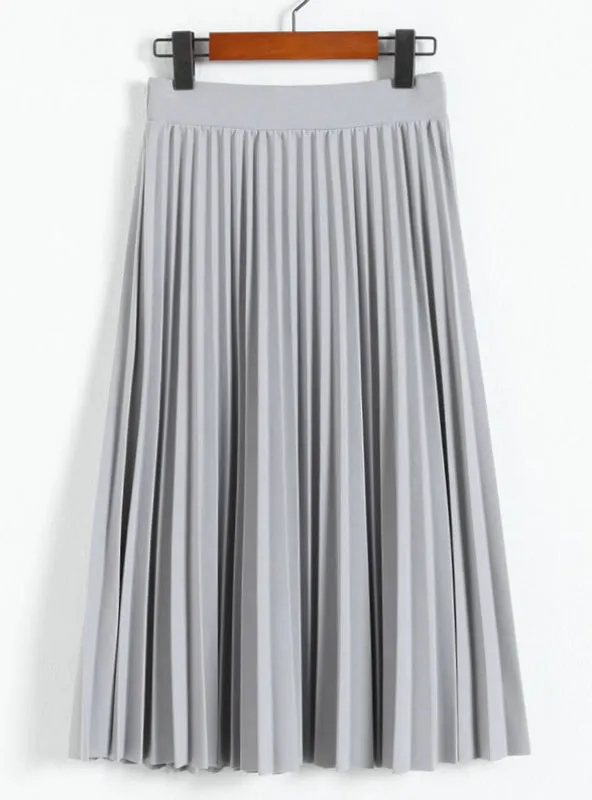 High Waist Pleated Solid Color Half Length Elastic Skirt