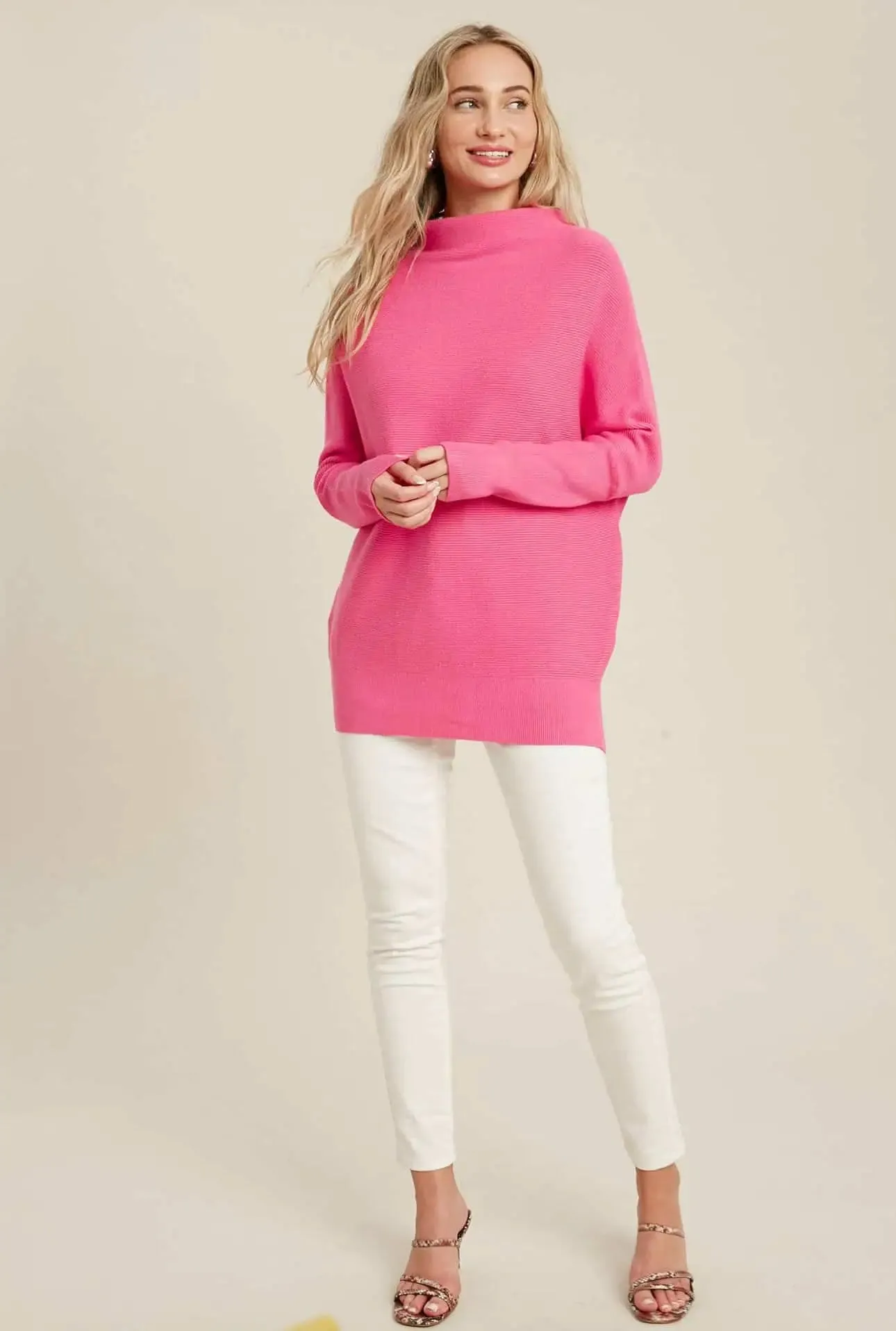 Hot Pink Slouch Neck Dolman Sleeve Sweater