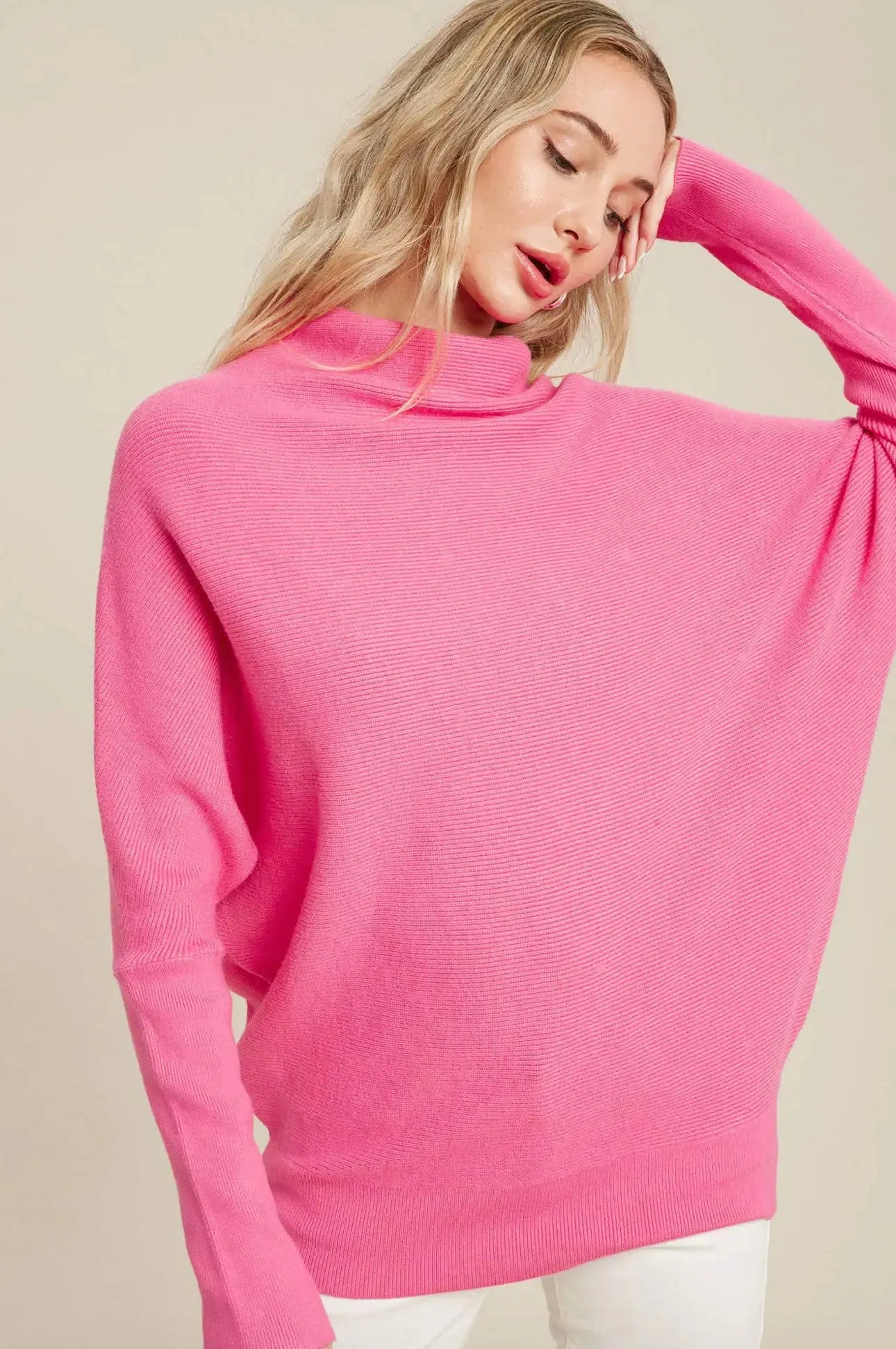 Hot Pink Slouch Neck Dolman Sleeve Sweater