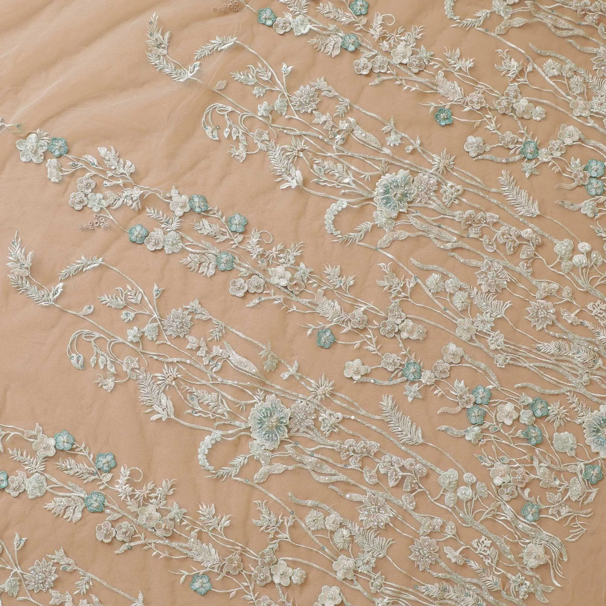 Light Mint green Premium wedding nylon tulle fabric with same tone, beige, gold embroidery, beads and sequin work in floral design-D7919