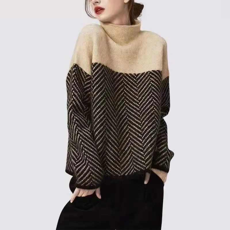 Loose High Neck Zigzag Print Long Sleeve Pullover Sweater