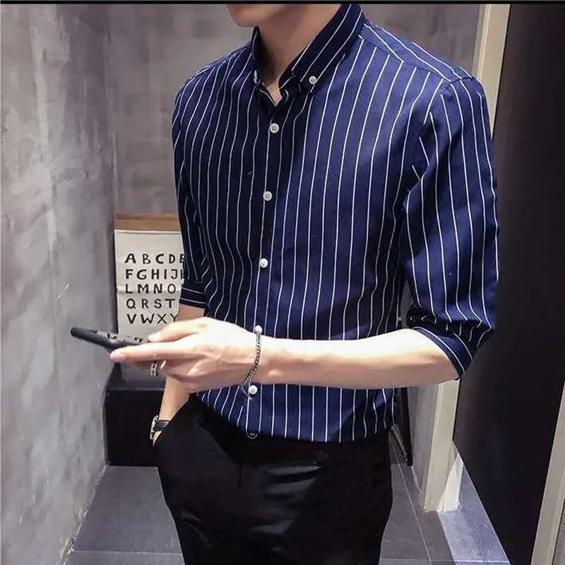 Men Printed Three-Quarter Length Sleeves Striped Shirt Trendy Casual Non-iron Youth Men Shirt