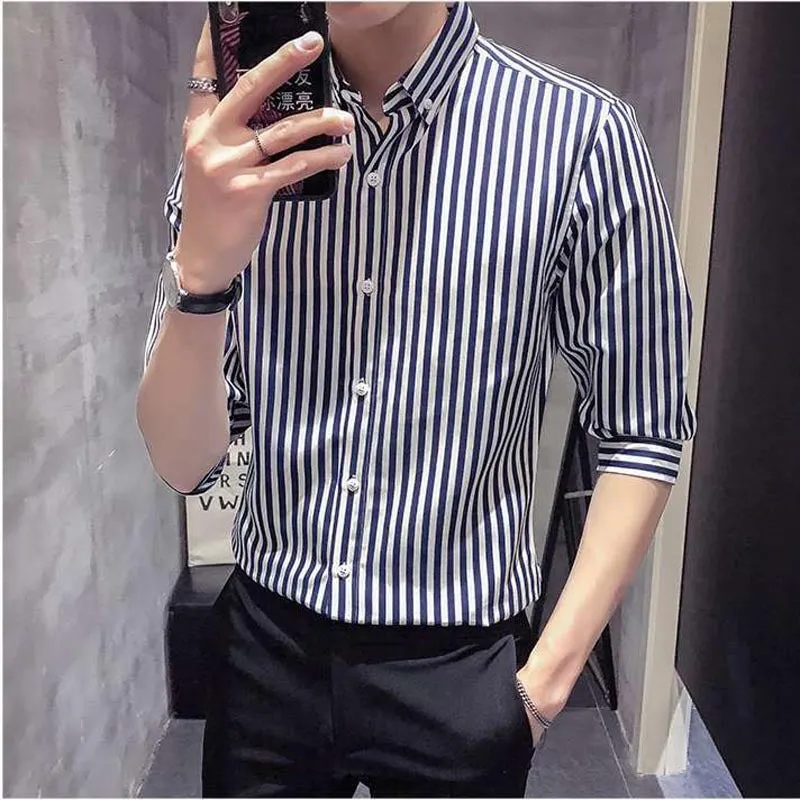 Men Printed Three-Quarter Length Sleeves Striped Shirt Trendy Casual Non-iron Youth Men Shirt