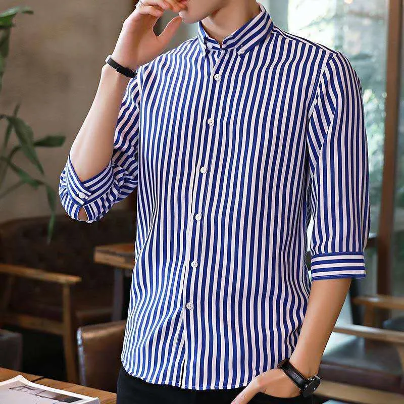 Men Printed Three-Quarter Length Sleeves Striped Shirt Trendy Casual Non-iron Youth Men Shirt