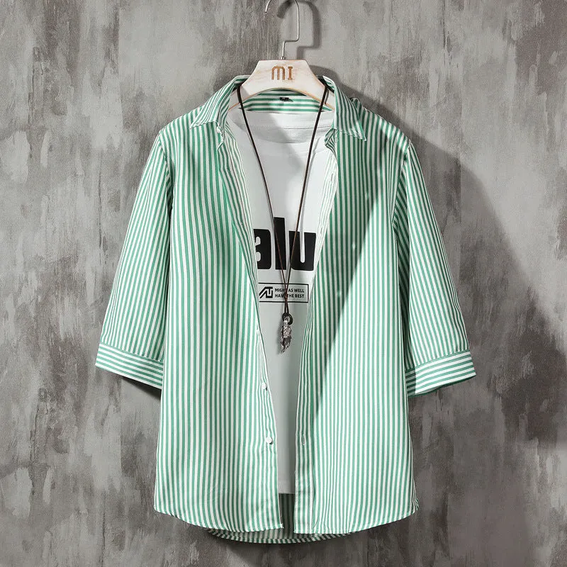 Men Printed Three-Quarter Length Sleeves Striped Shirt Trendy Casual Non-iron Youth Men Shirt