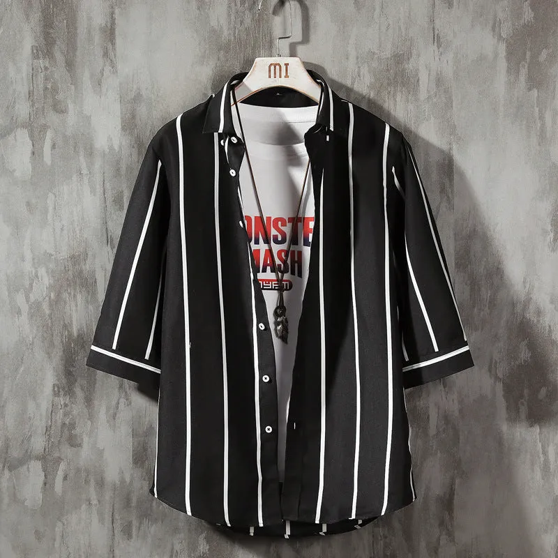 Men Printed Three-Quarter Length Sleeves Striped Shirt Trendy Casual Non-iron Youth Men Shirt