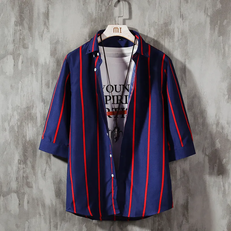 Men Printed Three-Quarter Length Sleeves Striped Shirt Trendy Casual Non-iron Youth Men Shirt