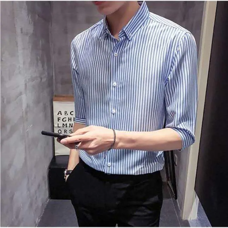 Men Printed Three-Quarter Length Sleeves Striped Shirt Trendy Casual Non-iron Youth Men Shirt