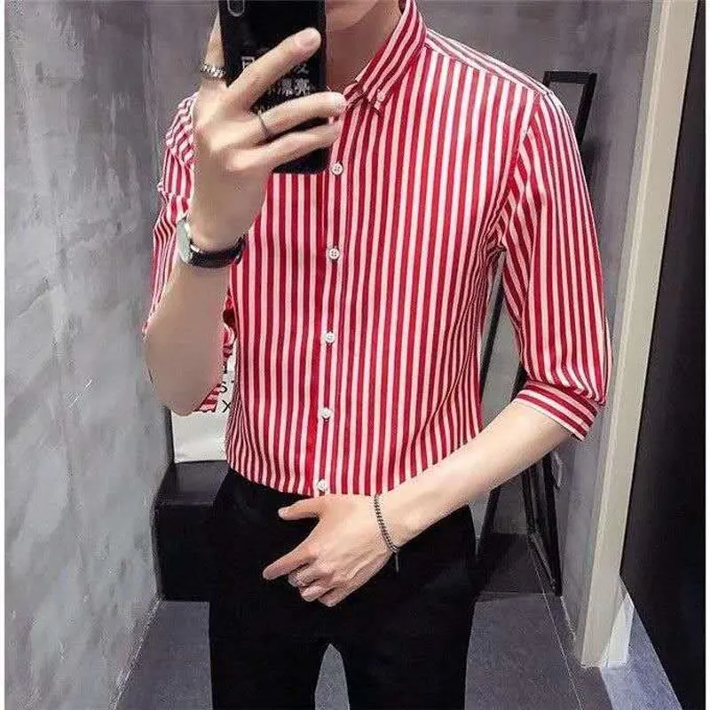 Men Printed Three-Quarter Length Sleeves Striped Shirt Trendy Casual Non-iron Youth Men Shirt