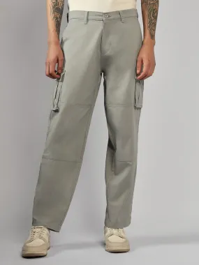 Men's Grey Solid Relaxed Fit Cargos