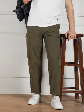 Men's Olive Cotton Lycra Solid Stretchable Relaxed fit Cargo Trousers