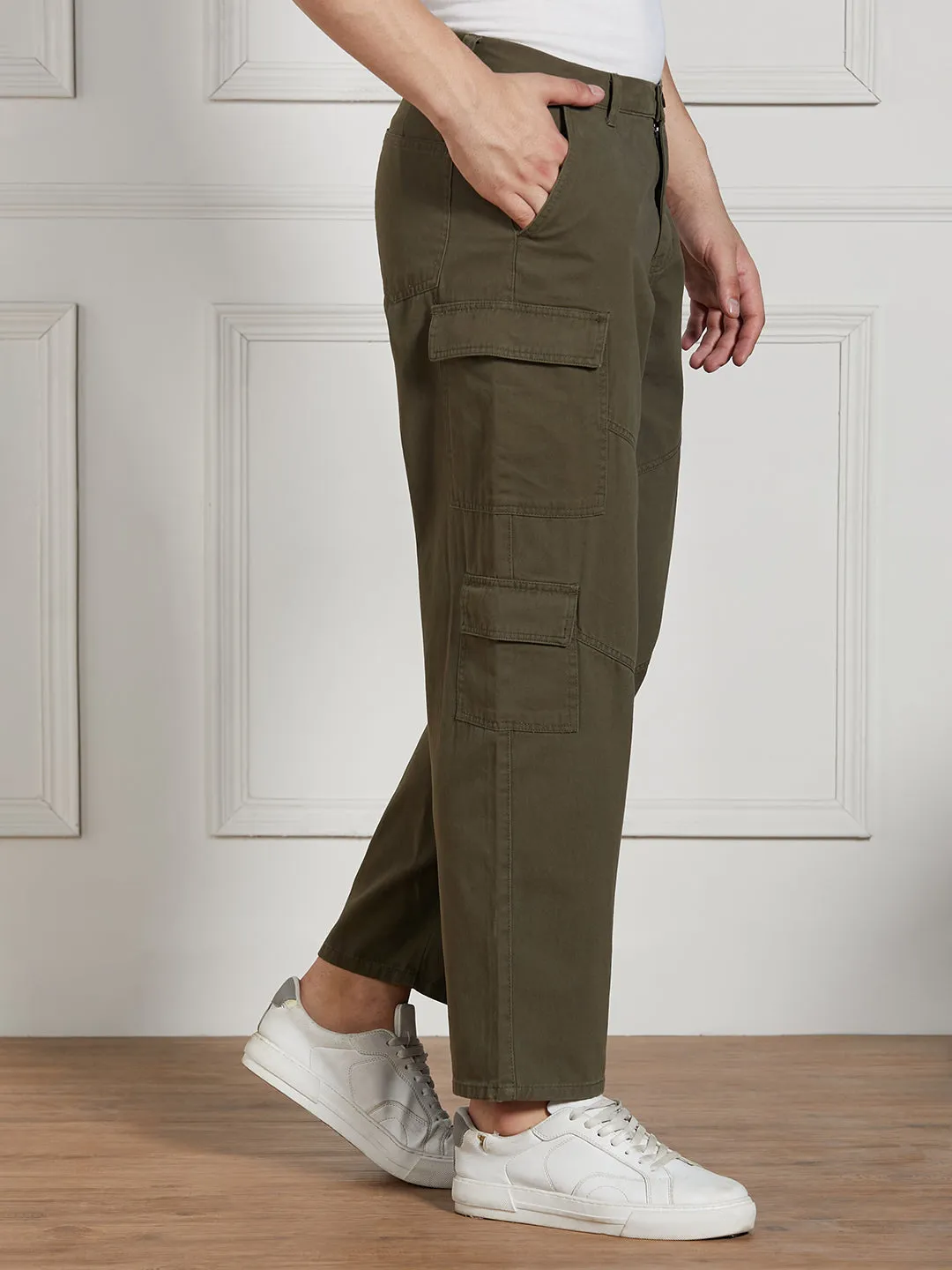 Men's Olive Cotton Lycra Solid Stretchable Relaxed fit Cargo Trousers