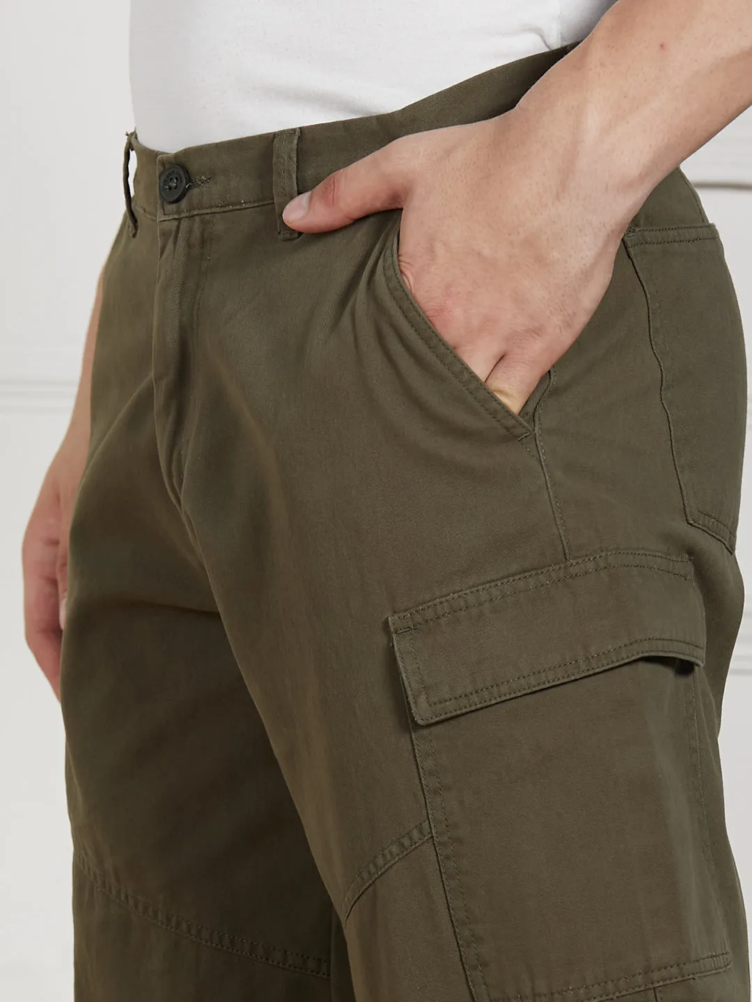 Men's Olive Cotton Lycra Solid Stretchable Relaxed fit Cargo Trousers