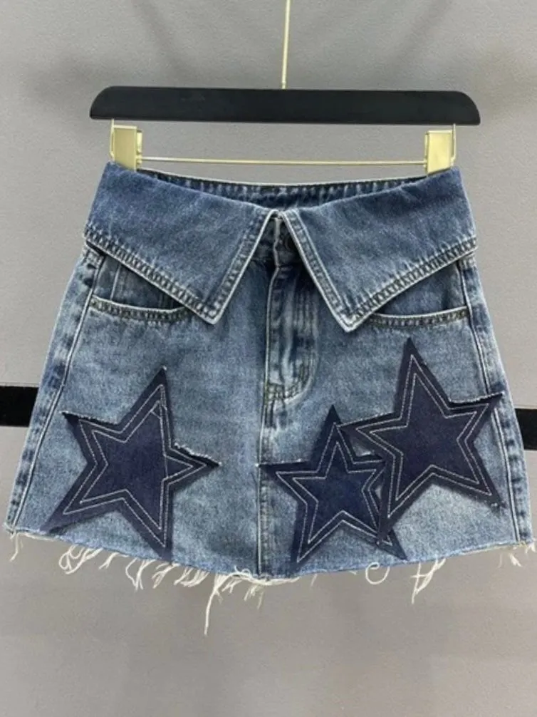 Mid blue stars jeans folded mini skirt