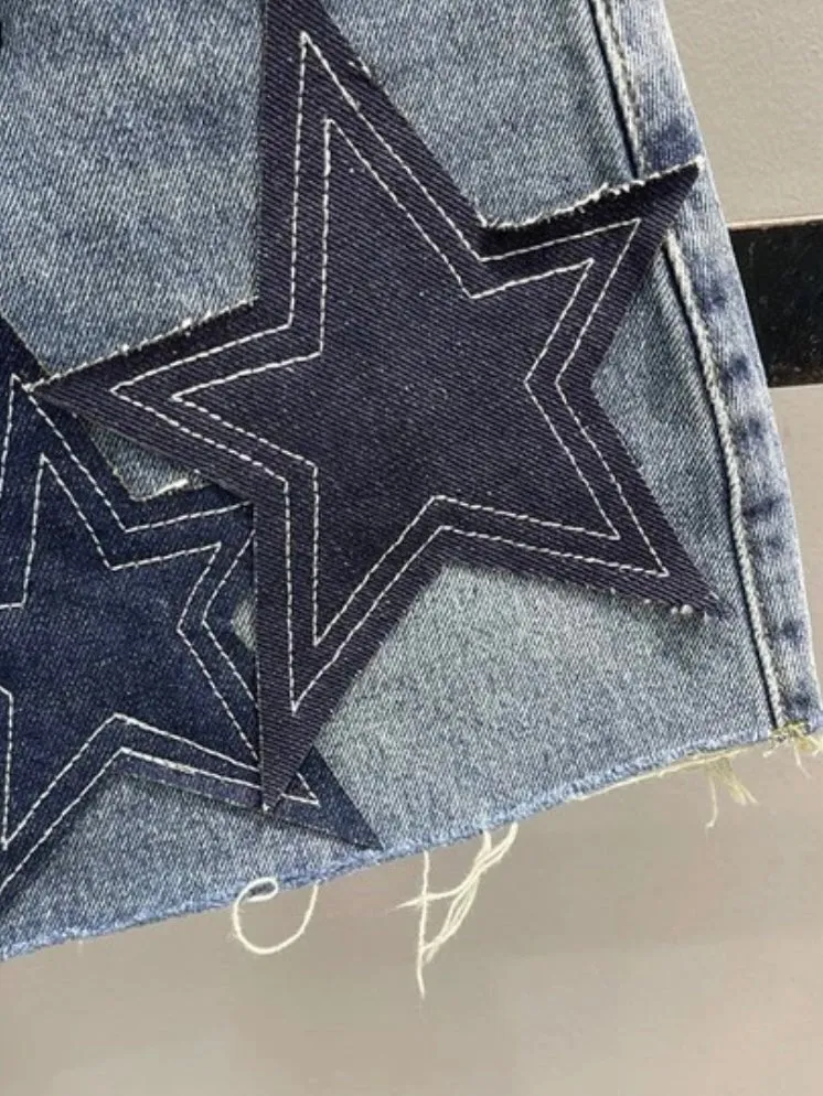 Mid blue stars jeans folded mini skirt