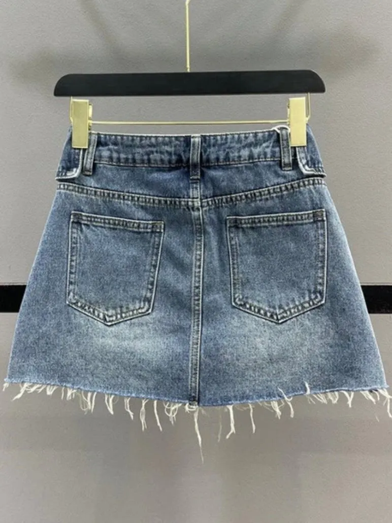 Mid blue stars jeans folded mini skirt