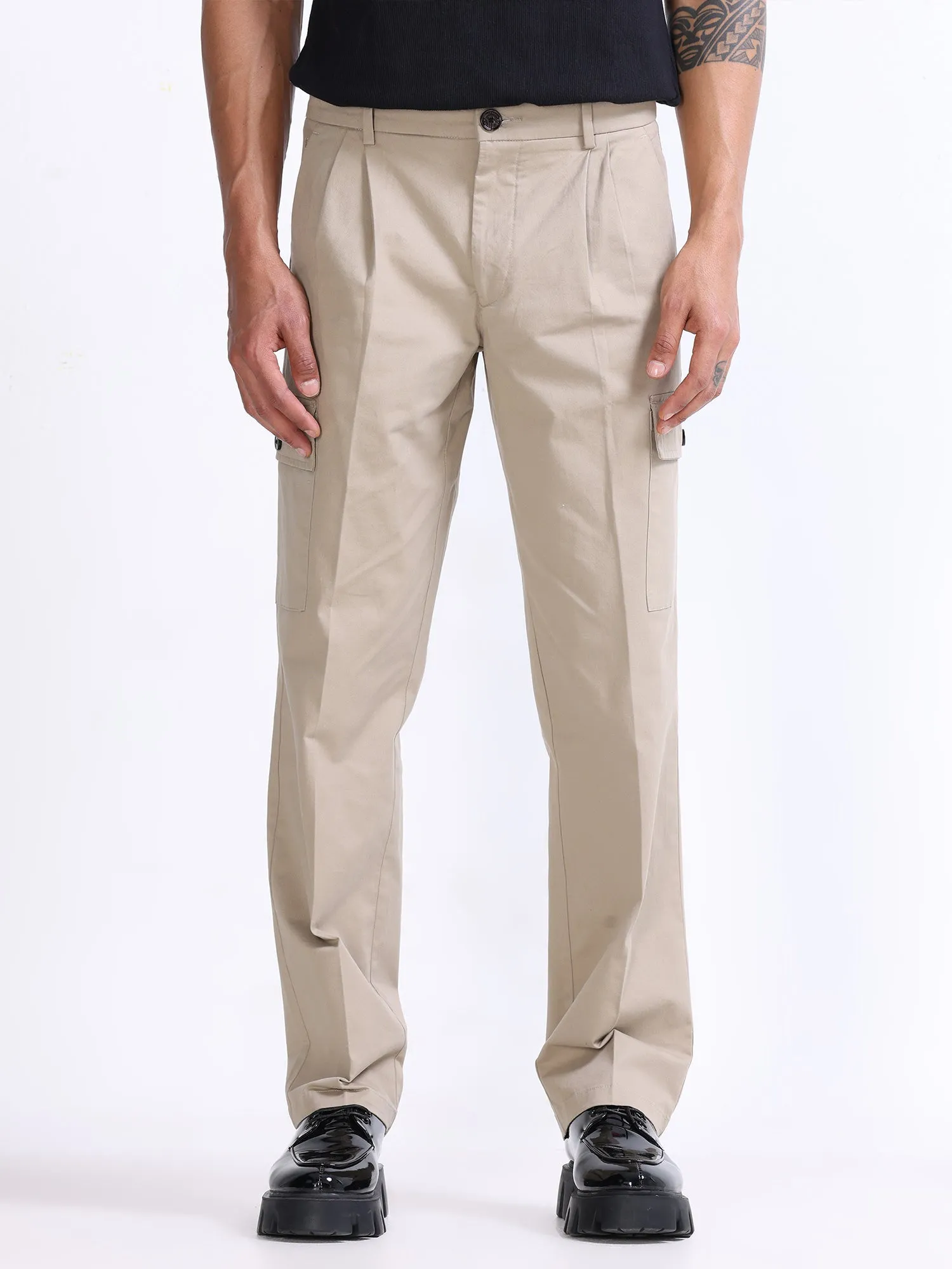 Milano Double Pleated Khaki Relaxed Cargo