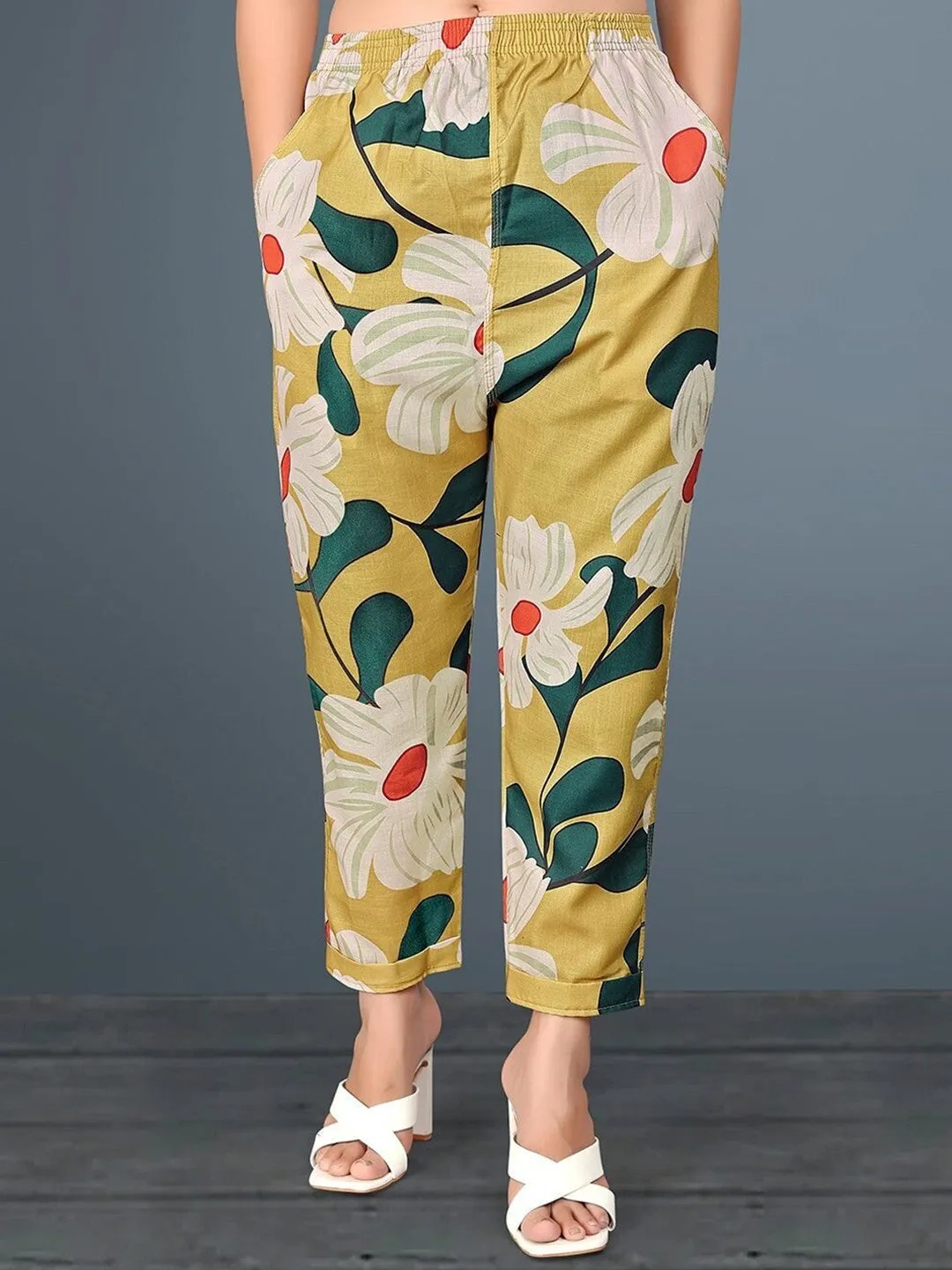 Mustard Floral Print Cropped Flared Trousers